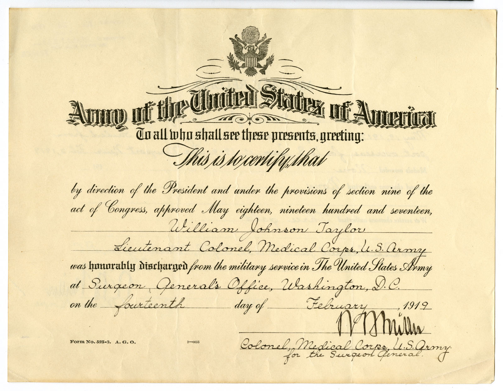United States Army, Military discharge paper for Dr. William J. Taylor (1919). Loan courtesy of the Historical Society of Pennsylvania.