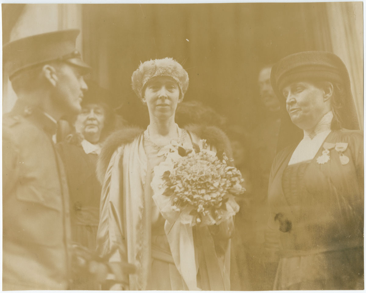 Queen Elizabeth of Belgium, at the Belgian Relief Committee Headquarters. Greeted by Chairman Mrs. Bayard Henry (Philadelphia, 1919). Gelatin silver photograph.